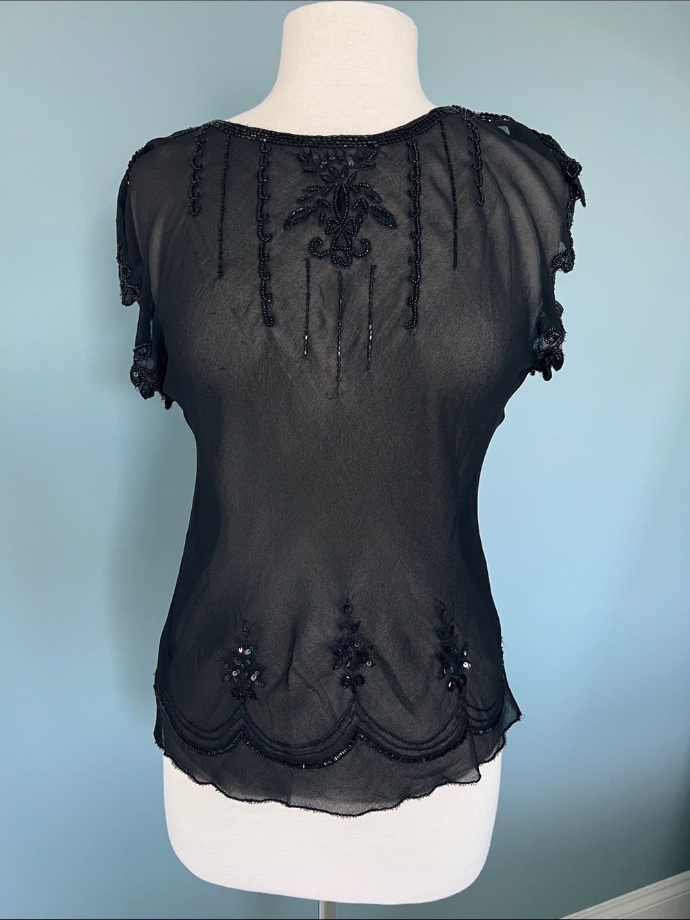 Hanky Panky Black Beaded Sheer Cap Sleeve Top